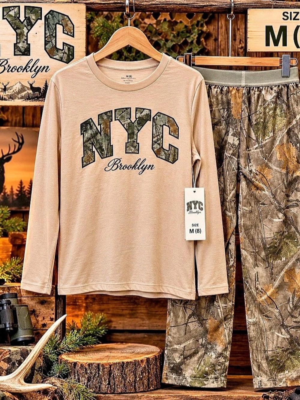 Boys NYC Brooklyn Camo Pajama Set Size M 8 Beige Flame Resistant 2PC NWT